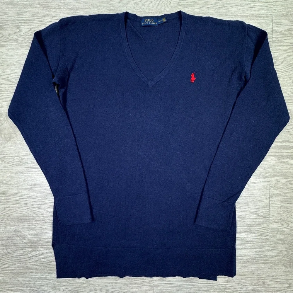 Polo‎ Ralph Lauren Men's Sweater V-Neck Navy Blue Medium Linen Cotton Pony Logo